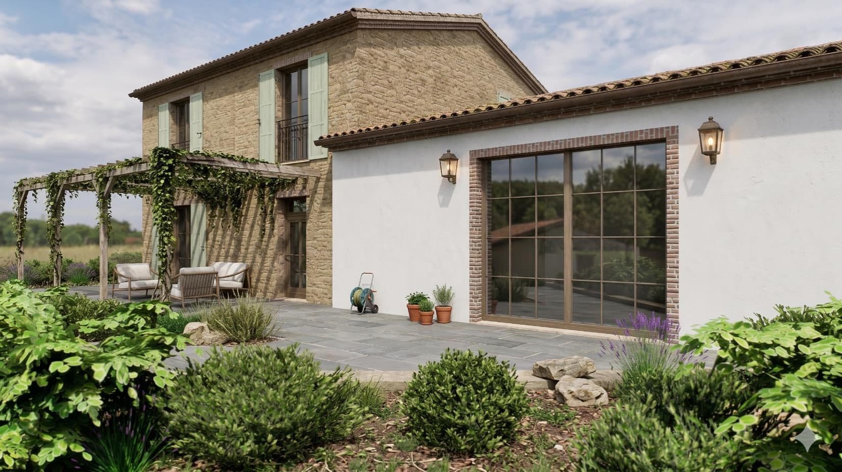 Render di progetto: il portico coperto con le grandi vetrate affacciate sul giardino.
