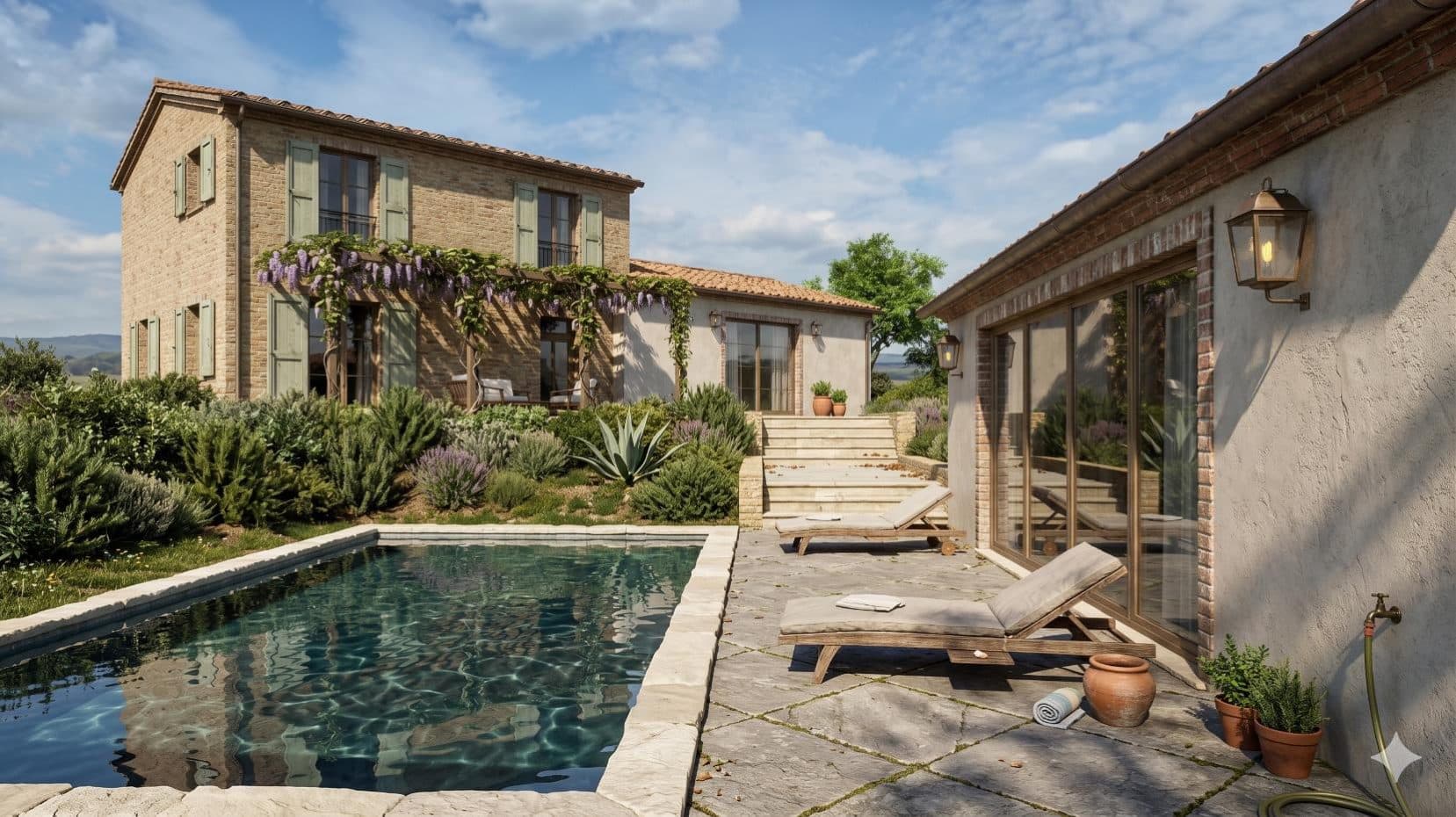Render di progetto: la piscina lungo il fianco della casa, il pergolato con il glicine e le sedute al sole.
